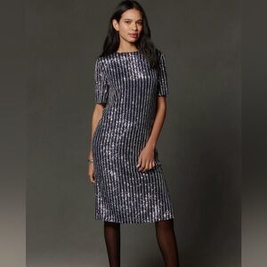 Anthropologie Flat White Short-Sleeve Sequin Stripe Shift Midi Dress small